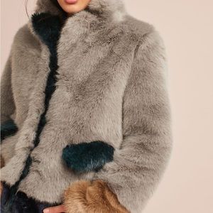 Anthropologie Molliolli Grey Fur Coat with Emerald/Tan Accents